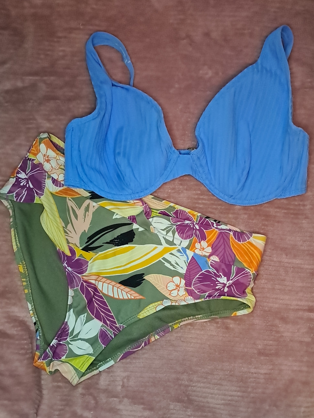 Time and Tru Blue Underwire Bikini Top with Multicolor Tropical Print Bottom